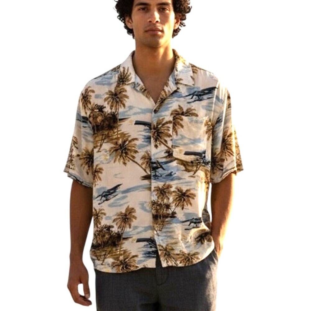 Caribbean Joe Hawaiian Silk Shirt Mens Large Pontoon Plane Palm Trees Button